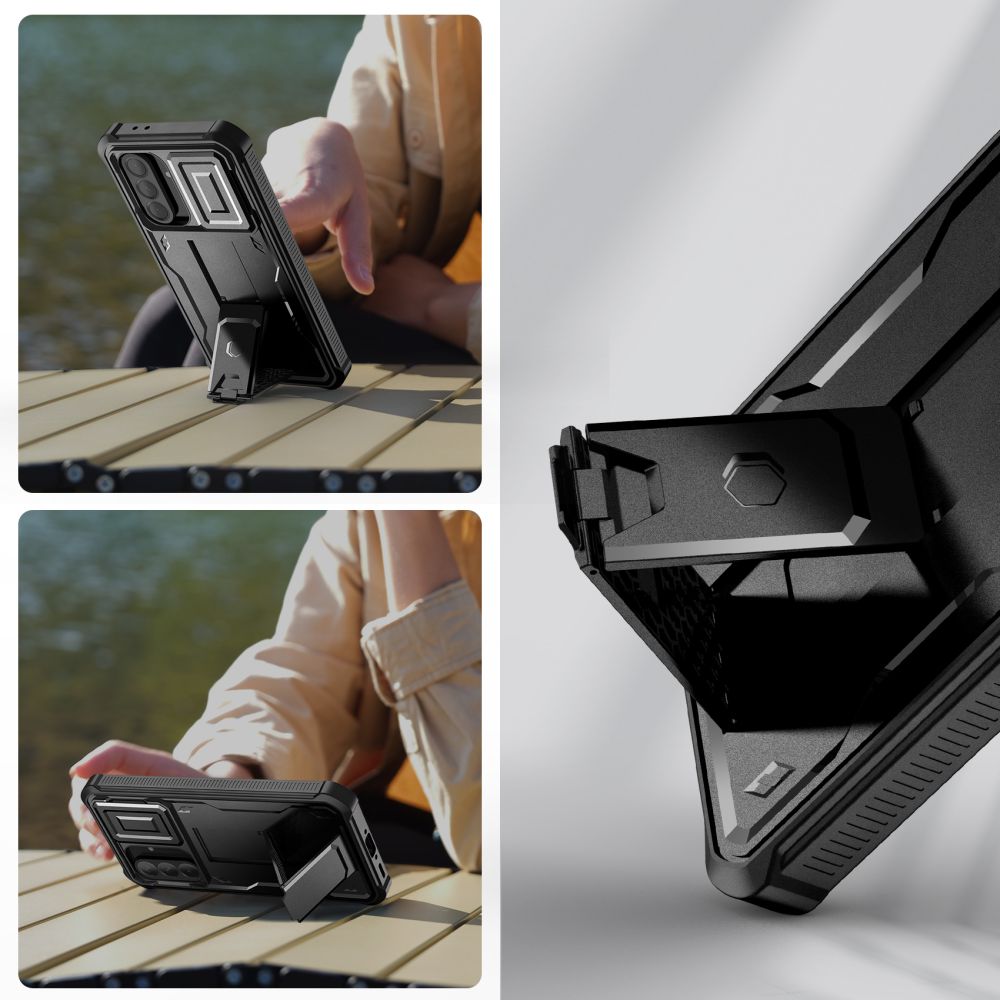 Etui pancerne z osłoną na ekran, z wbudowaną podstawką oraz ochroną aparatu Tech-Protect Kevlar Cam+ do Samsung Galaxy A56 5G, czarne.